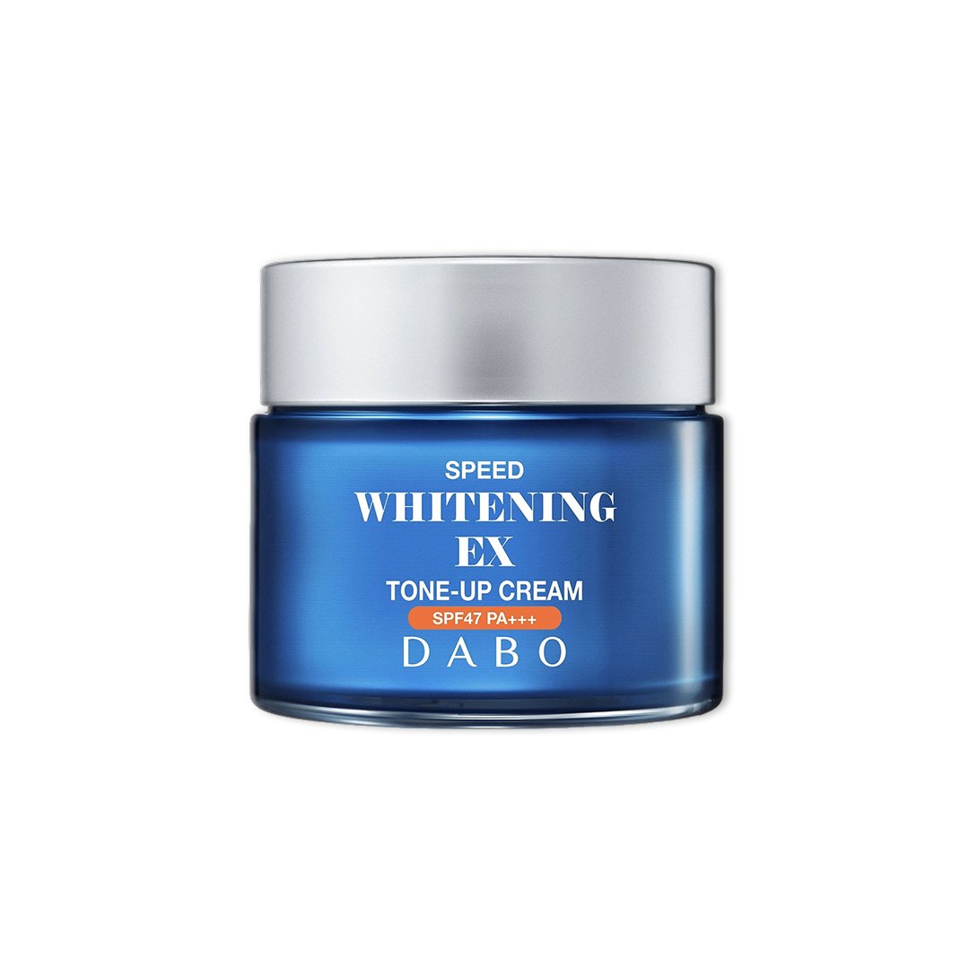 Blue jar of DABO Speed Whitening EX Tone-Up Cream on a white background.  This cream also offers UVA/UVB sun protection and functions as an ideal makeup base. Suitable for daily use on all skin types, including dark skin, melasma, and freckles, it supports a clearer, more even complexion.